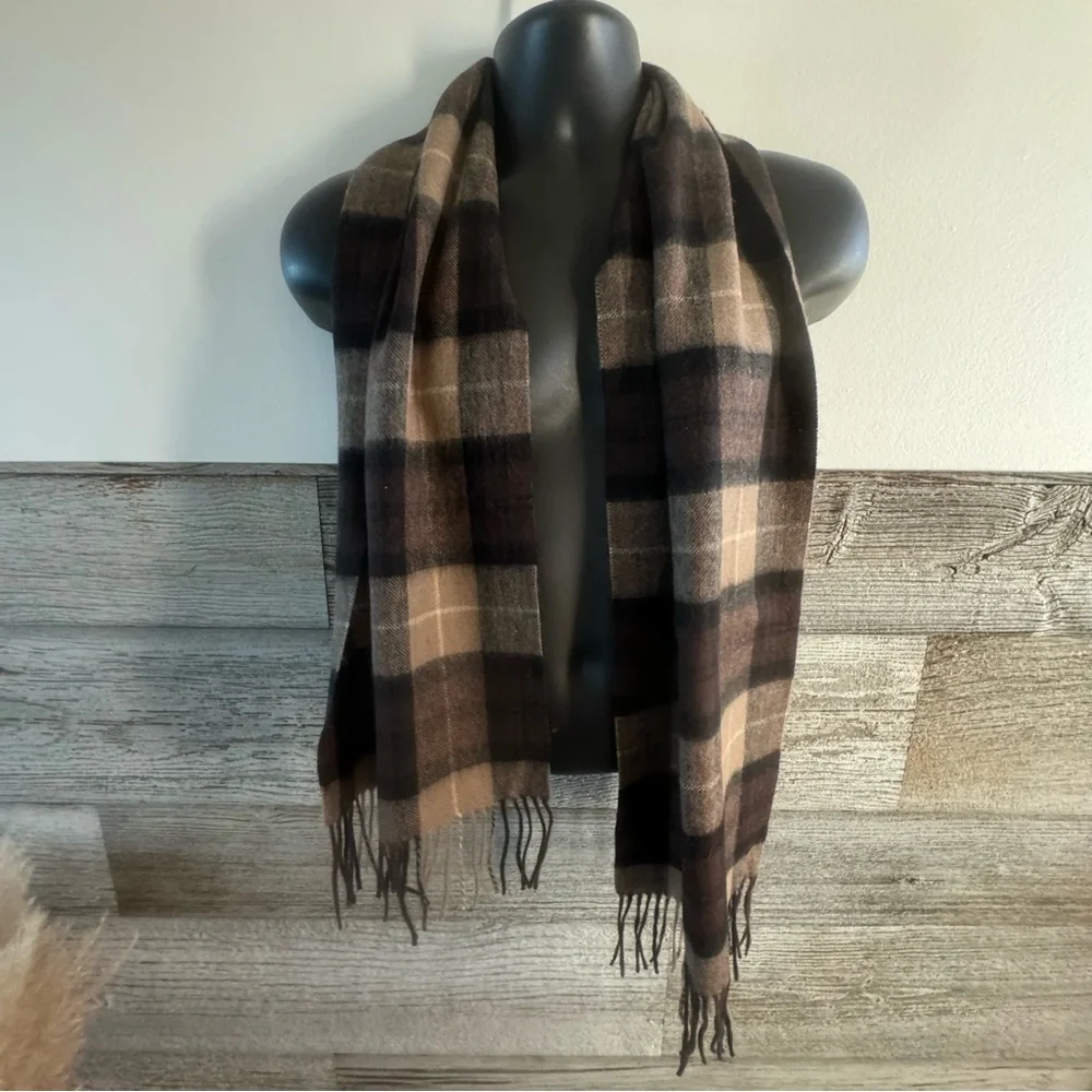 Pronto Uomo 100% Pure New Wool Chestnut Tan Brown Plaid Scarf Men